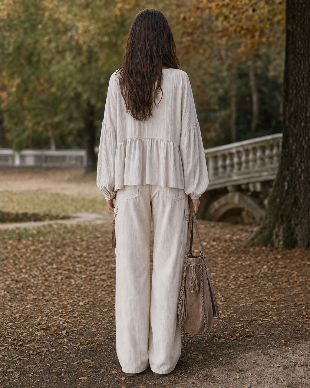 Boho Cream Woven Ruffle-trim V-neck Long-sleeve Blouse MVA000920AA