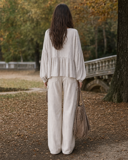 Boho Cream Woven Ruffle-trim V-neck Long-sleeve Blouse MVA000920AA