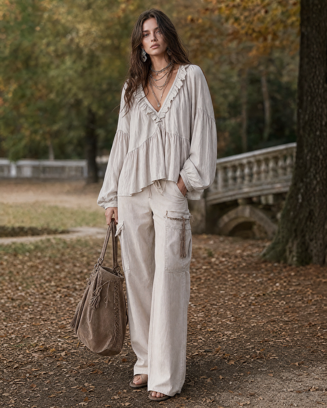 Boho Cream Woven Ruffle-trim V-neck Long-sleeve Blouse MVA000920AA