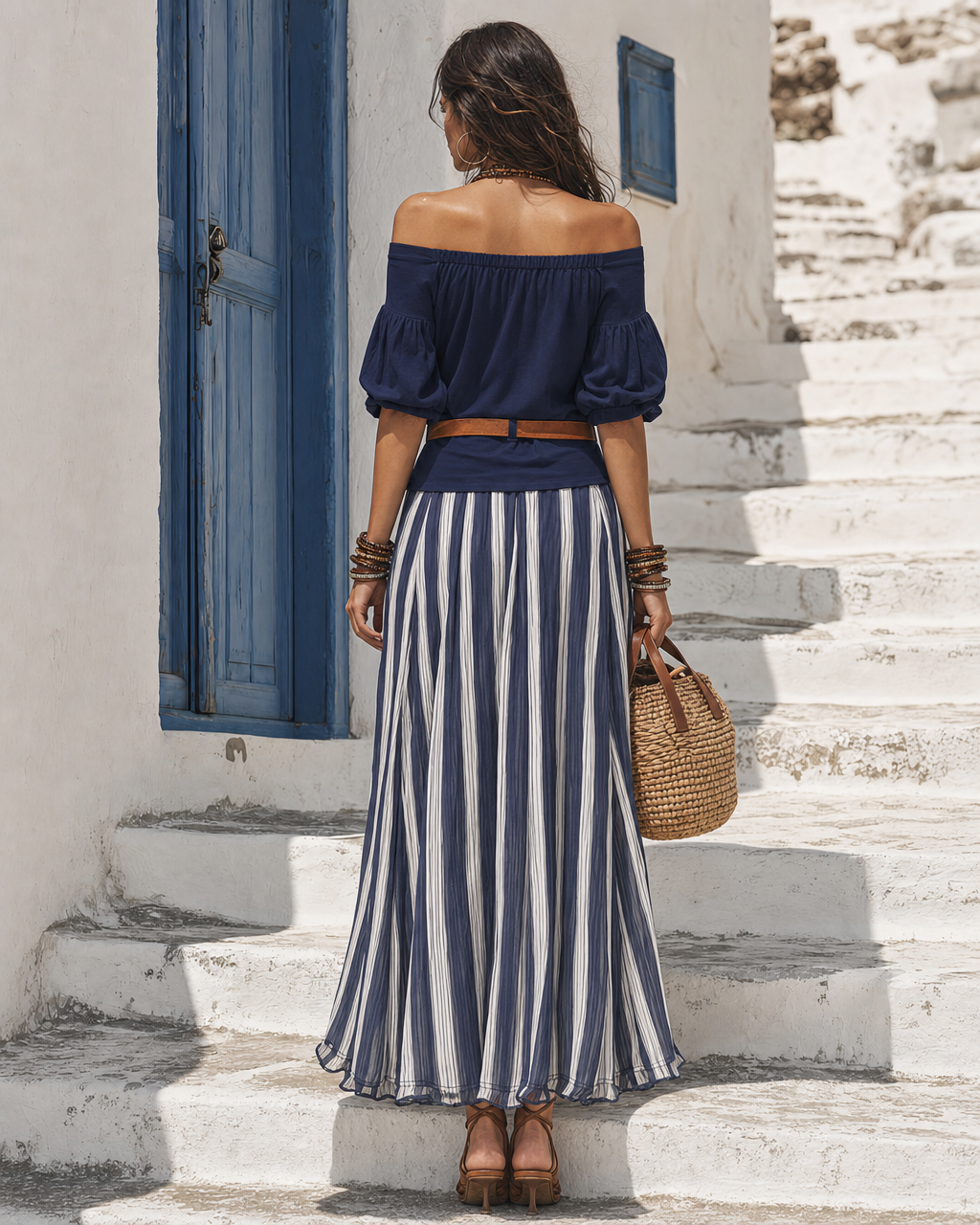 Bohemian Navy Off-Shoulder Top Paired with Navy and White Striped Pleated Maxi Skirt MVA000950AA