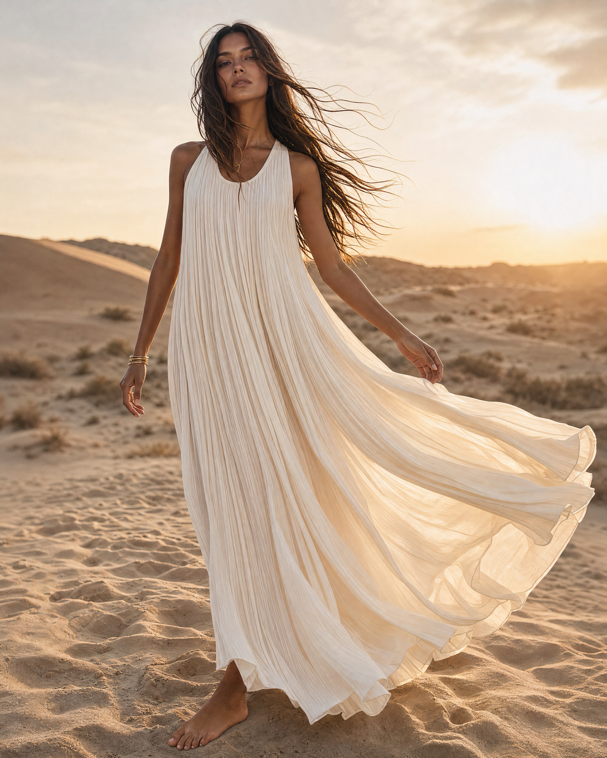 Bohemian Ivory Crinkle-Pleated Sleeveless Maxi Dress MVA000960AA