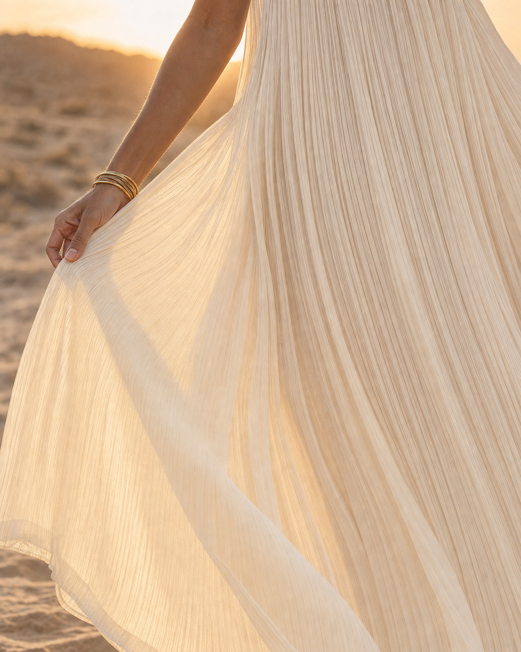 Bohemian Ivory Crinkle-Pleated Sleeveless Maxi Dress MVA000960AA