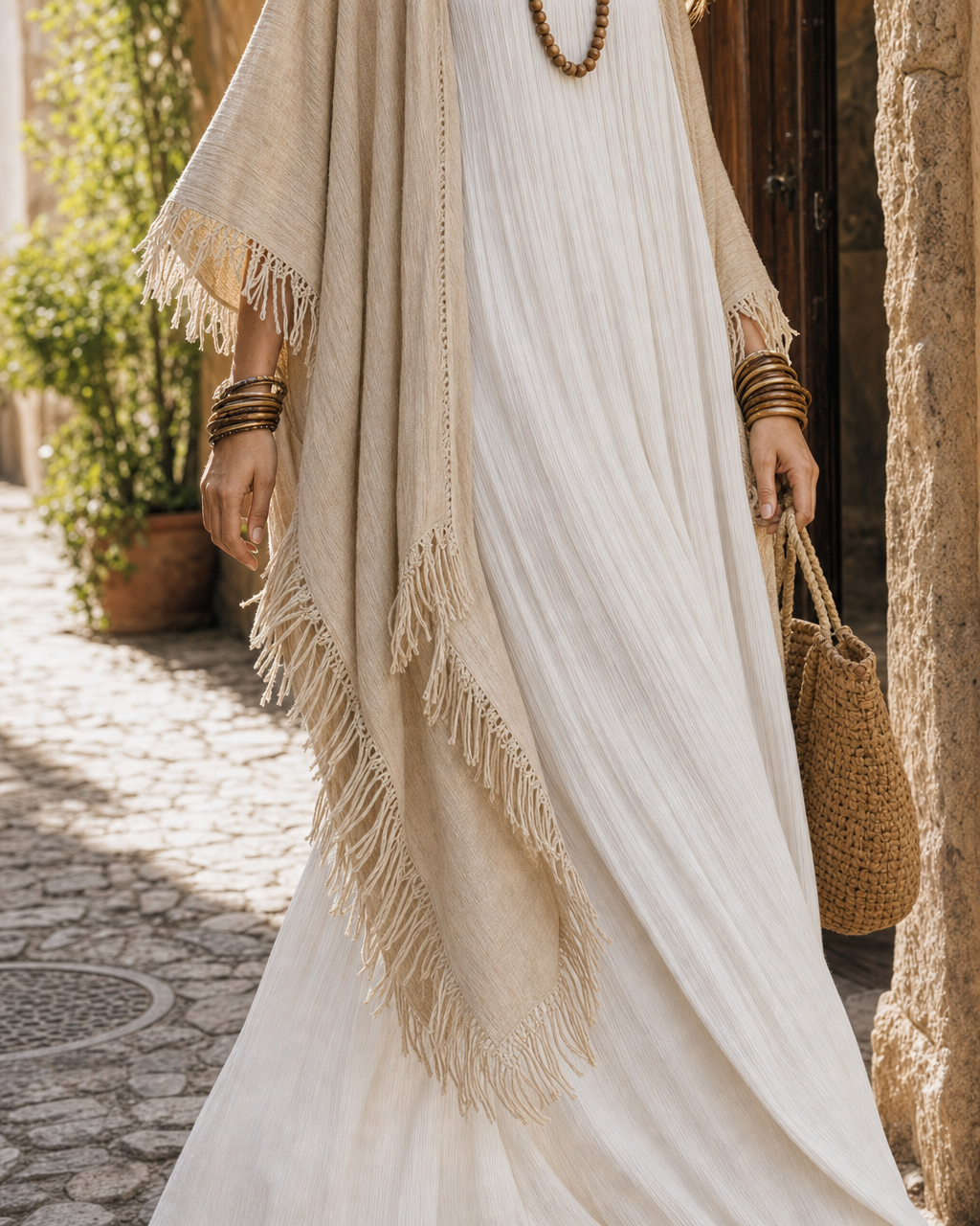 Bohemian Beige Linen-blend Open-front Fringe-trim Long Kimono Shawl MVA001020AA