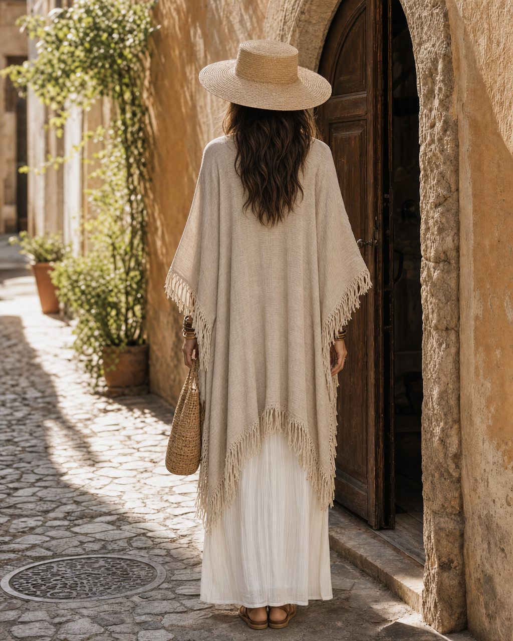 Bohemian Beige Linen-blend Open-front Fringe-trim Long Kimono Shawl MVA001020AA