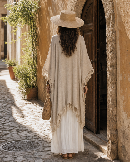Bohemian Beige Linen-blend Open-front Fringe-trim Long Kimono Shawl MVA001020AA