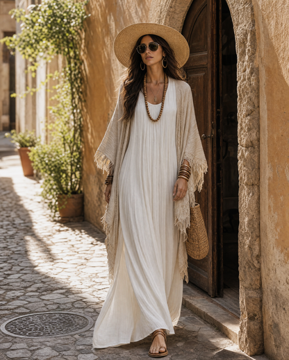 Bohemian Beige Linen-blend Open-front Fringe-trim Long Kimono Shawl MVA001020AA