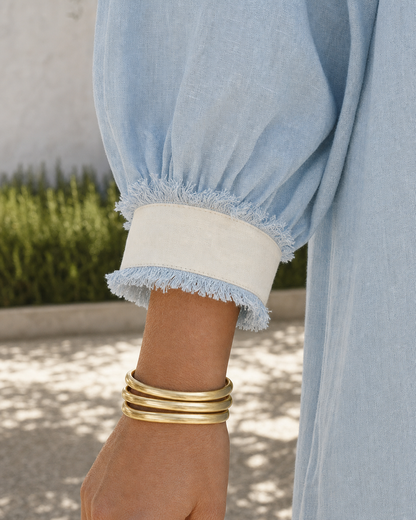 Casual Light Blue Linen-blend Round-neck Three-quarter-sleeve Fringe-trim Mini Dress MVA001030AA