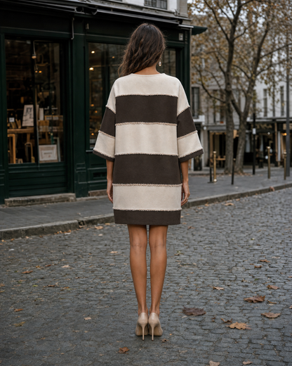 Casual Brown And Cream Brushed Knit V-neck Three-quarter-sleeve Striped Mini Dress MVA001050AA