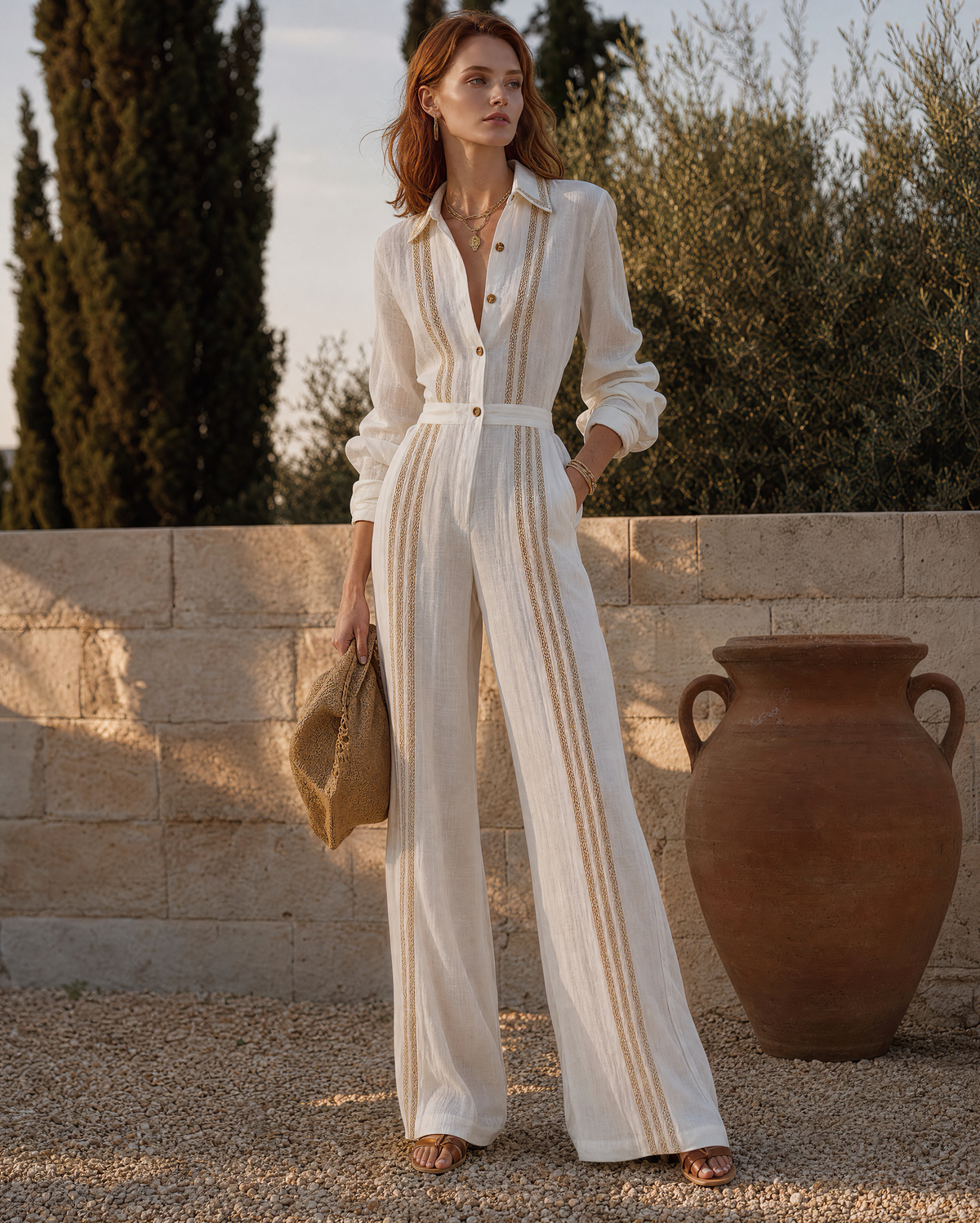 Casual Ivory Cotton-linen Shirt-collar Long-sleeve Gold-trim Wide-leg Jumpsuit MVA001060AA