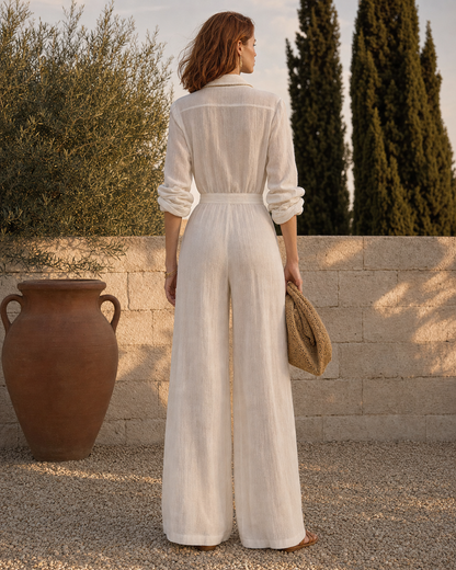 Casual Ivory Cotton-linen Shirt-collar Long-sleeve Gold-trim Wide-leg Jumpsuit MVA001060AA