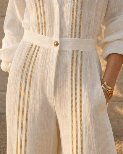Casual Ivory Cotton-linen Shirt-collar Long-sleeve Gold-trim Wide-leg Jumpsuit MVA001060AA