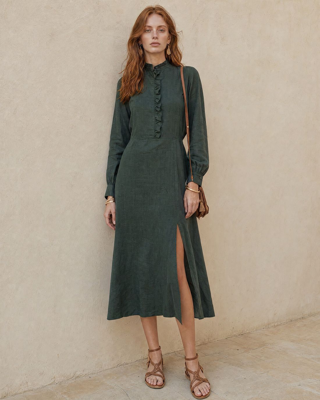 Casual Forest Green Linen-blend Stand-collar Long-sleeve Side-slit Midi Shirt Dress MVA001070AA