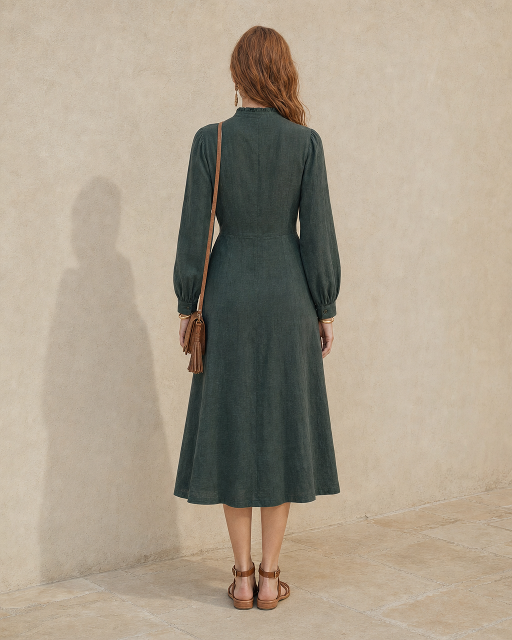 Casual Forest Green Linen-blend Stand-collar Long-sleeve Side-slit Midi Shirt Dress MVA001070AA