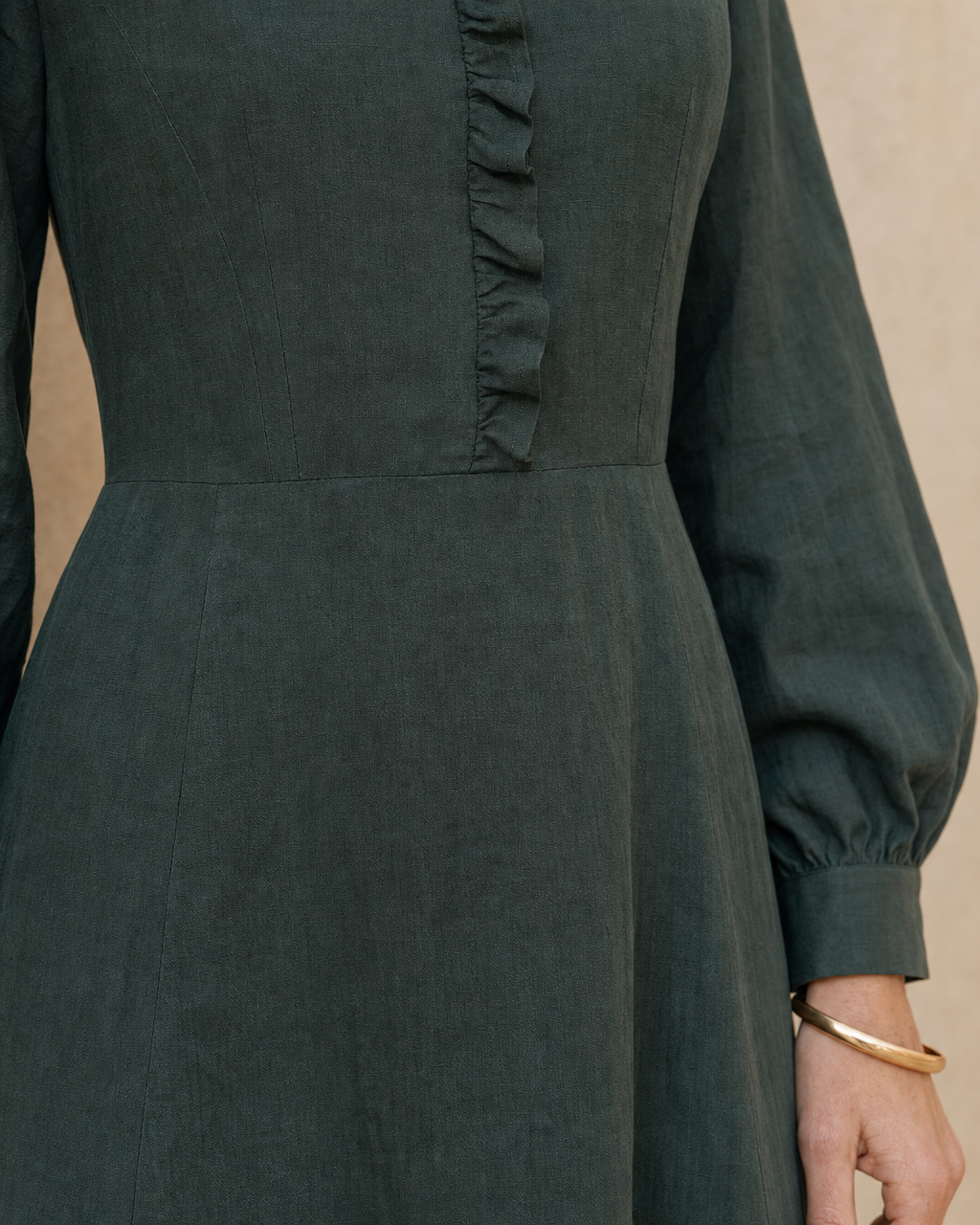 Casual Forest Green Linen-blend Stand-collar Long-sleeve Side-slit Midi Shirt Dress MVA001070AA