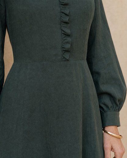 Casual Forest Green Linen-blend Stand-collar Long-sleeve Side-slit Midi Shirt Dress MVA001070AA