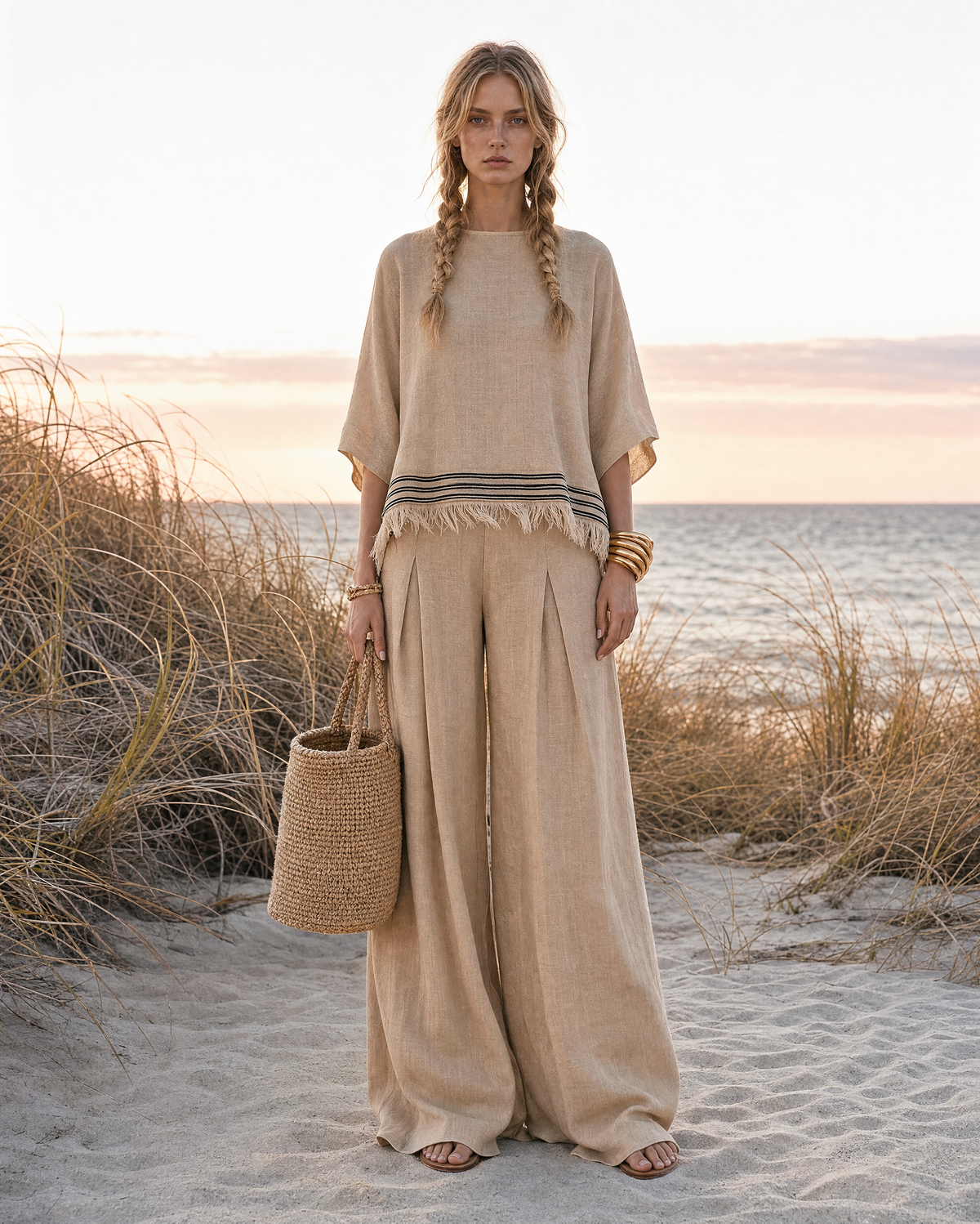 Casual Sand Beige Linen-blend Round-neck Short-sleeve Fringe-hem Top And Wide-leg Pants Two-piece Set MVA001080AA
