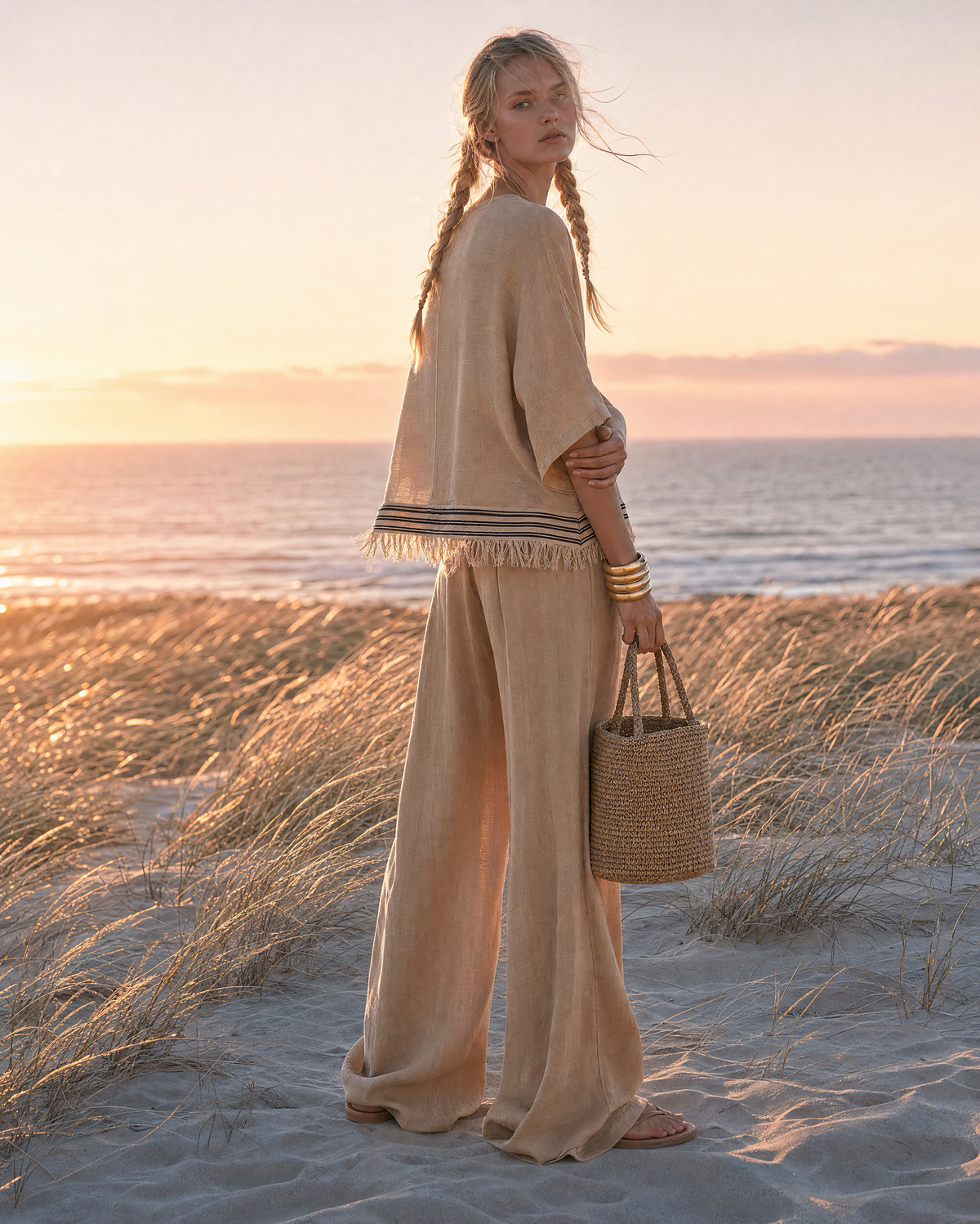 Casual Sand Beige Linen-blend Round-neck Short-sleeve Fringe-hem Top And Wide-leg Pants Two-piece Set MVA001080AA
