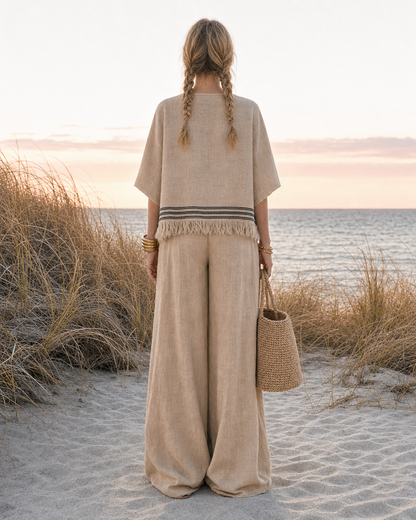 Casual Sand Beige Linen-blend Round-neck Short-sleeve Fringe-hem Top And Wide-leg Pants Two-piece Set MVA001080AA
