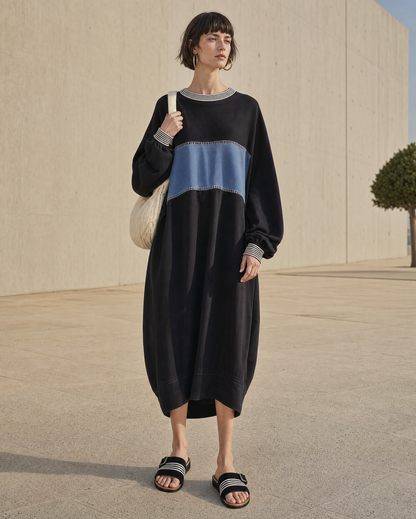 Casual Black Sweatshirt-fabric Crew-neck Long-sleeve Denim-panel Oversized Midi Dress MVA001090AA