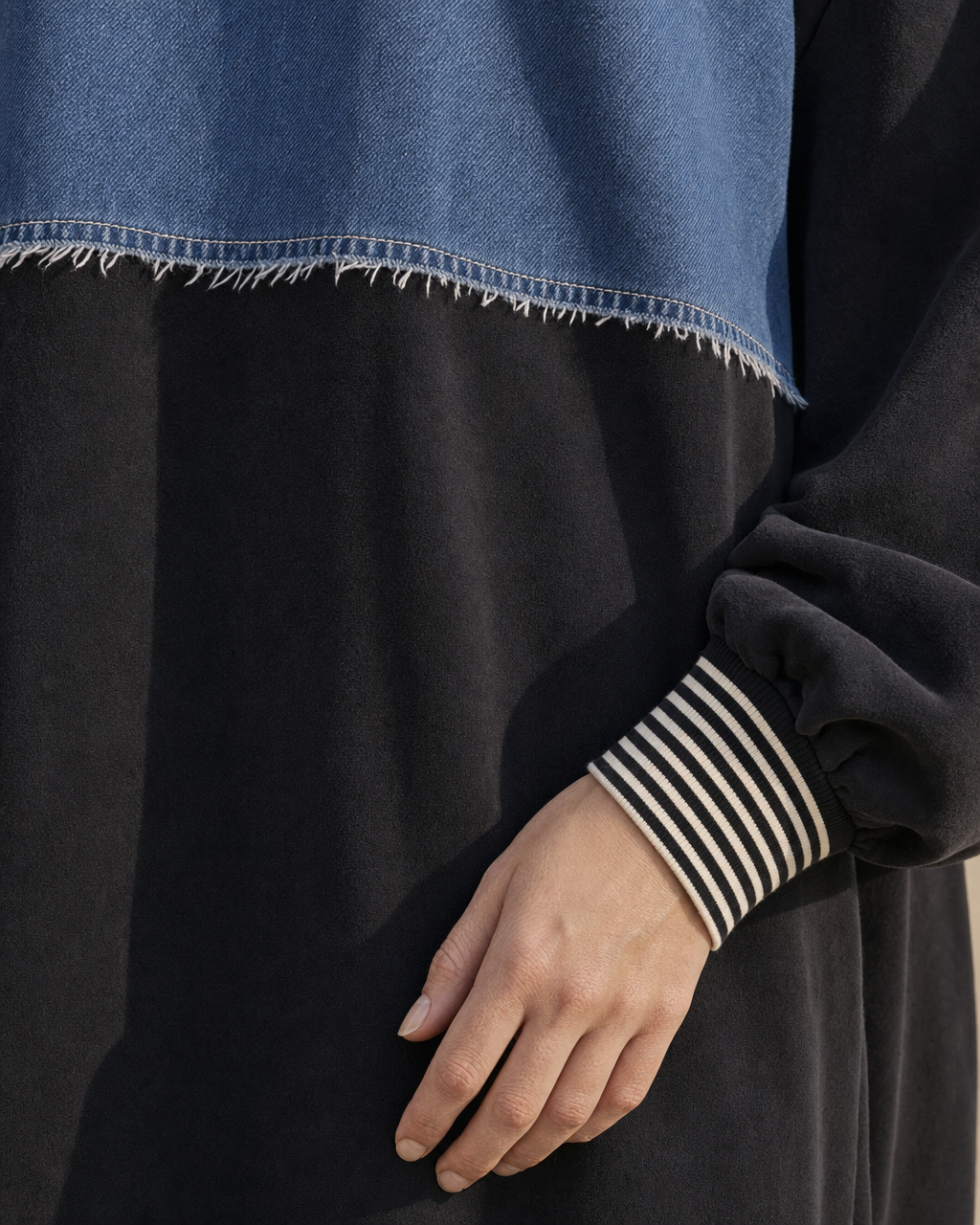 Casual Black Sweatshirt-fabric Crew-neck Long-sleeve Denim-panel Oversized Midi Dress MVA001090AA