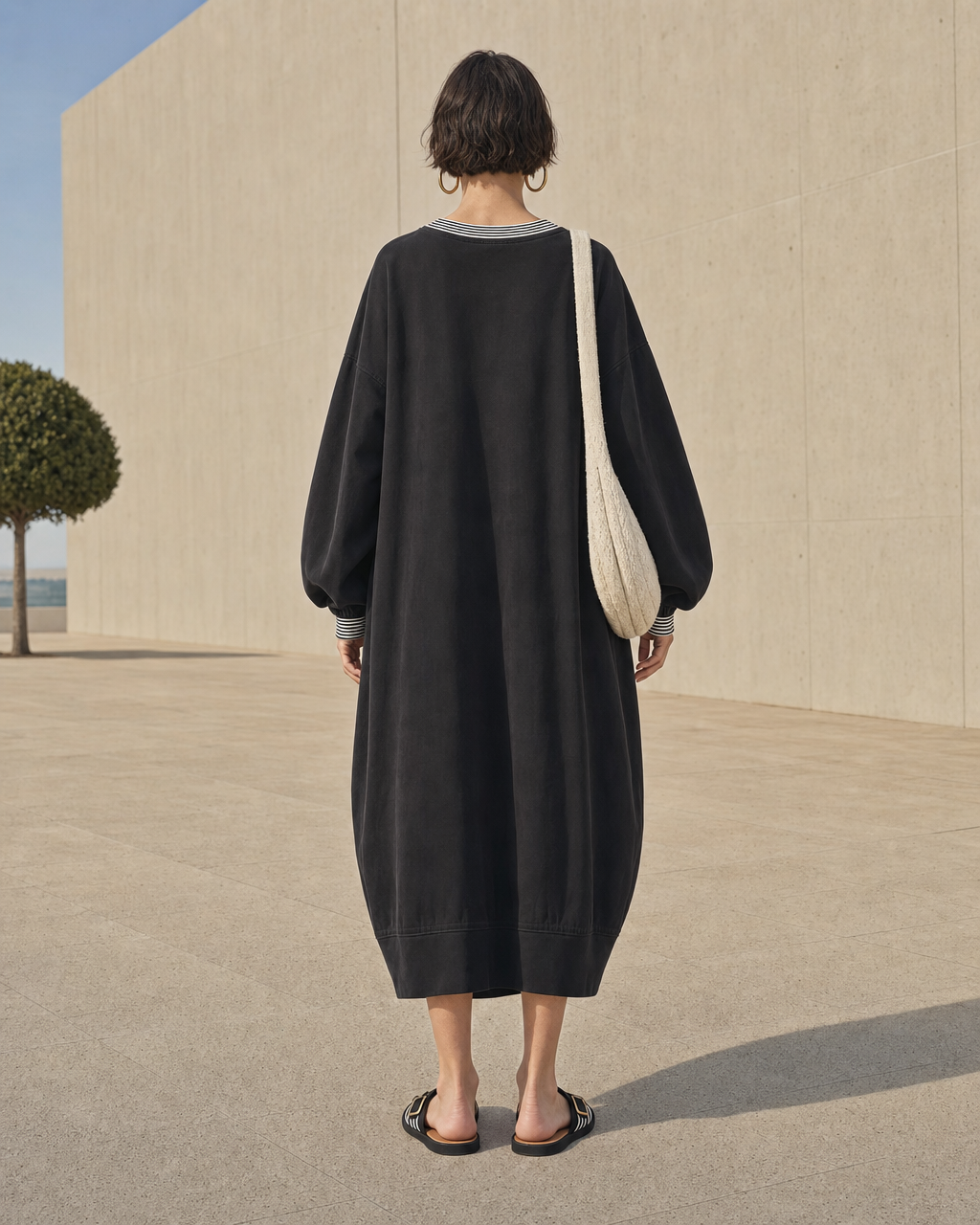 Casual Black Sweatshirt-fabric Crew-neck Long-sleeve Denim-panel Oversized Midi Dress MVA001090AA