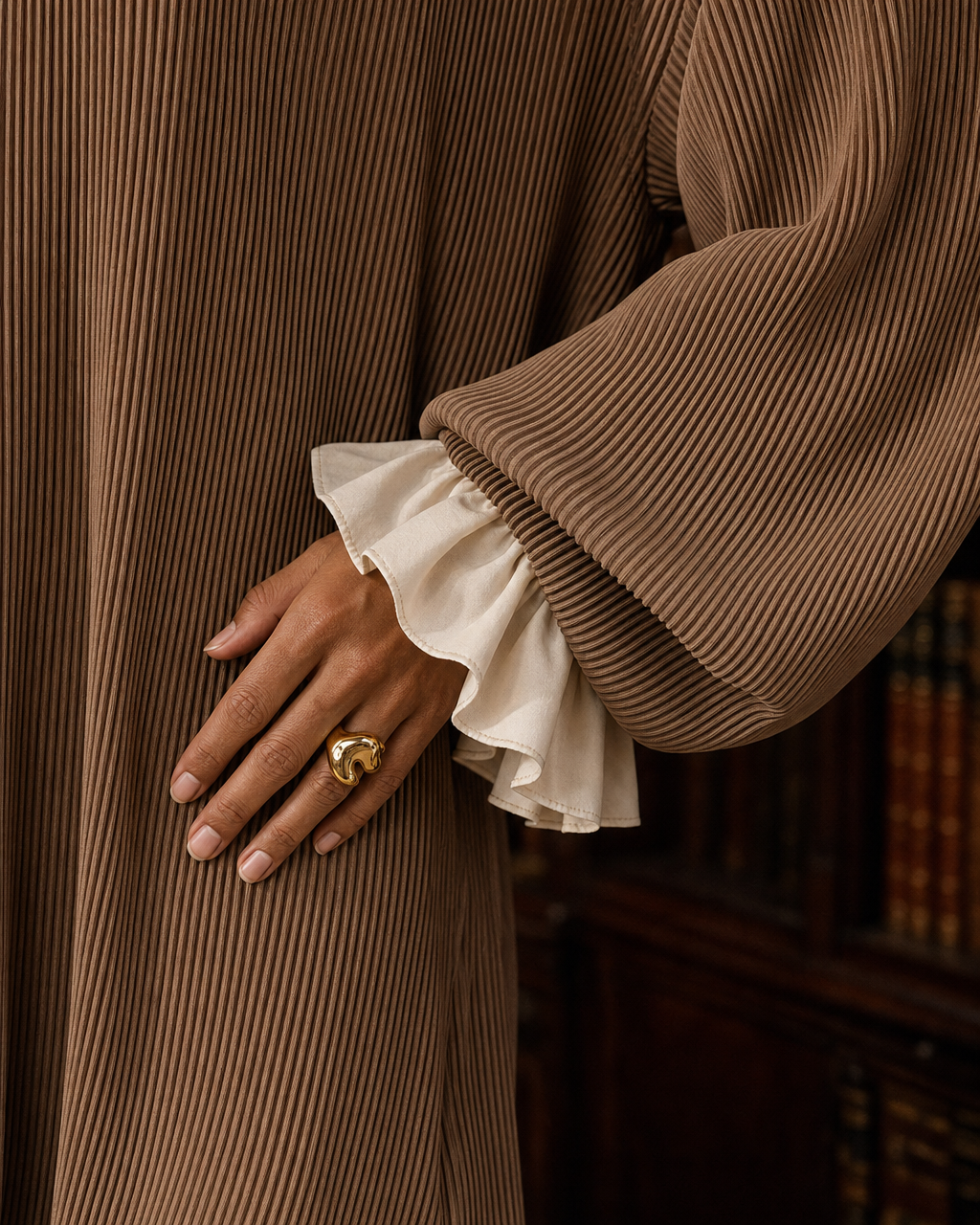Casual Taupe Ribbed Knit Polo-collar Long-sleeve Ruffle-hem Oversized Mini Dress MVA001100AA