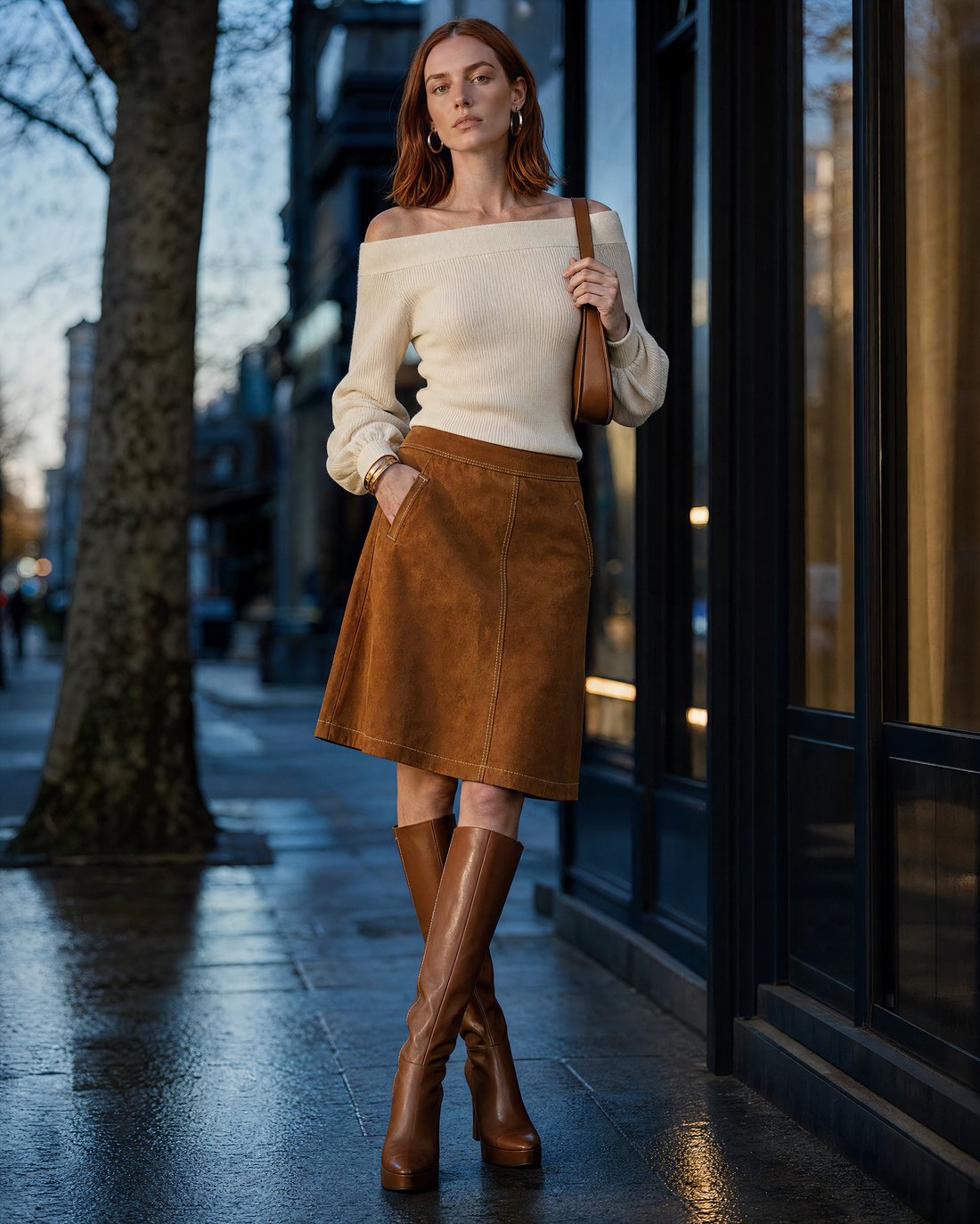 Casual Tan Faux Suede Contrast-stitch A-line Midi Skirt MVA001140AA