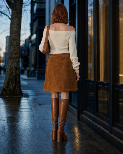 Casual Tan Faux Suede Contrast-stitch A-line Midi Skirt MVA001140AA