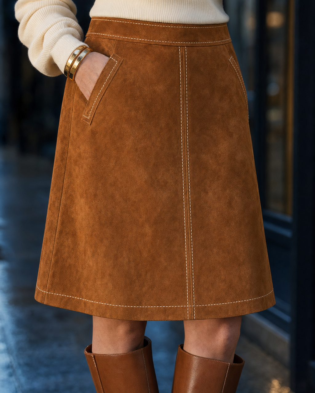 Casual Tan Faux Suede Contrast-stitch A-line Midi Skirt MVA001140AA