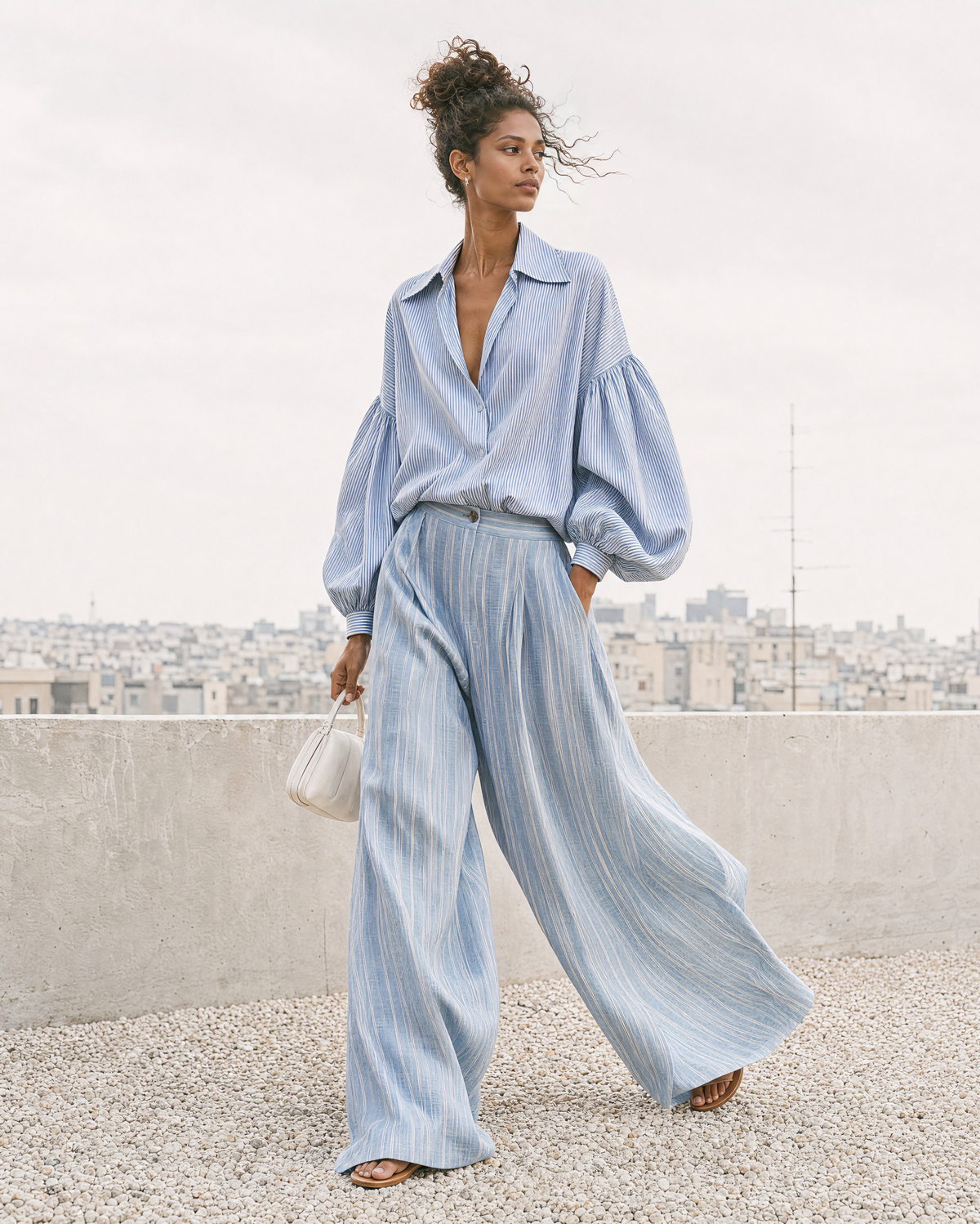 Casual Blue Striped Woven Shirt-collar Balloon-sleeve Blouse Paired With Wide-leg Pants MVA001150AA