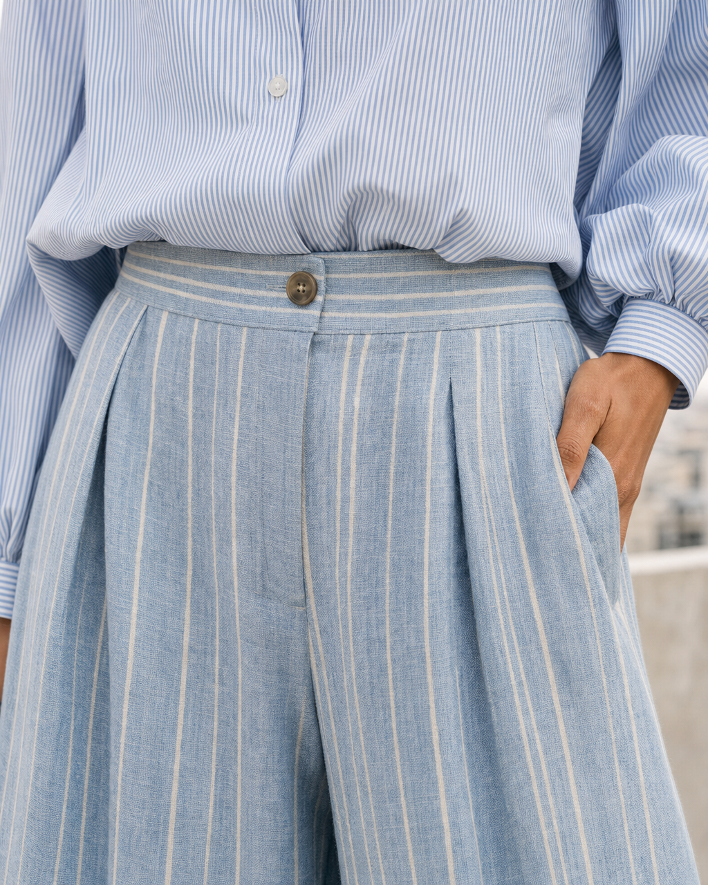 Casual Blue Striped Woven Shirt-collar Balloon-sleeve Blouse Paired With Wide-leg Pants MVA001150AA