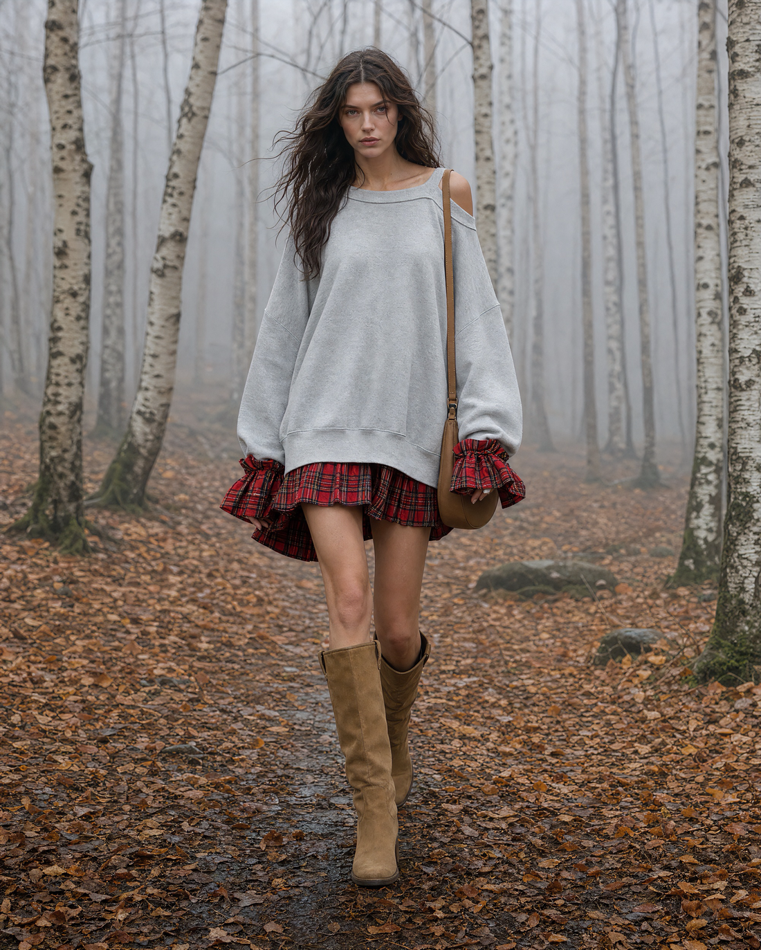 Casual Grey Sweatshirt Boat-neck Long-sleeve Cold-shoulder Red Plaid Ruffle-trim Mini Dress MVA001170AA