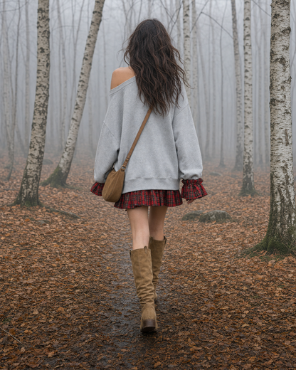 Casual Grey Sweatshirt Boat-neck Long-sleeve Cold-shoulder Red Plaid Ruffle-trim Mini Dress MVA001170AA