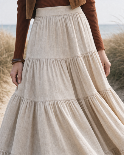 Bohemian Beige Linen-Blend High-Waist Tiered Maxi Skirt MVA001180AA