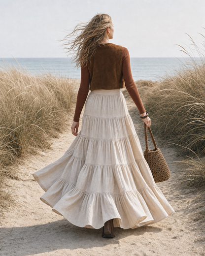 Bohemian Beige Linen-Blend High-Waist Tiered Maxi Skirt MVA001180AA