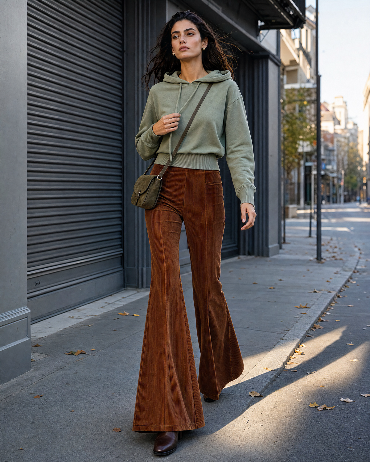 Retro Brown Corduroy High-Waist Flared Pants MVA001190AA