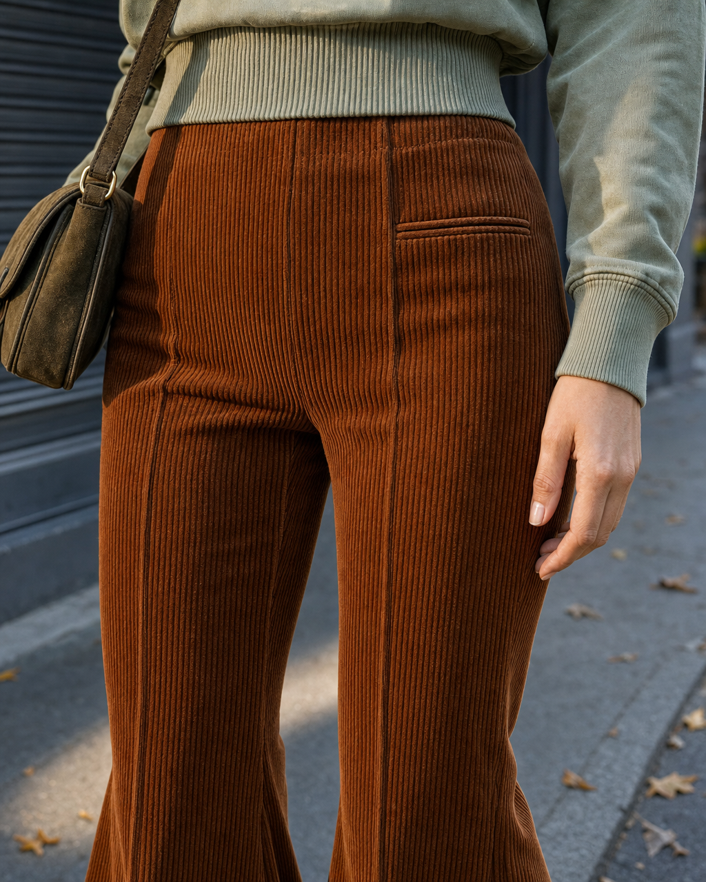 Retro Brown Corduroy High-Waist Flared Pants MVA001190AA