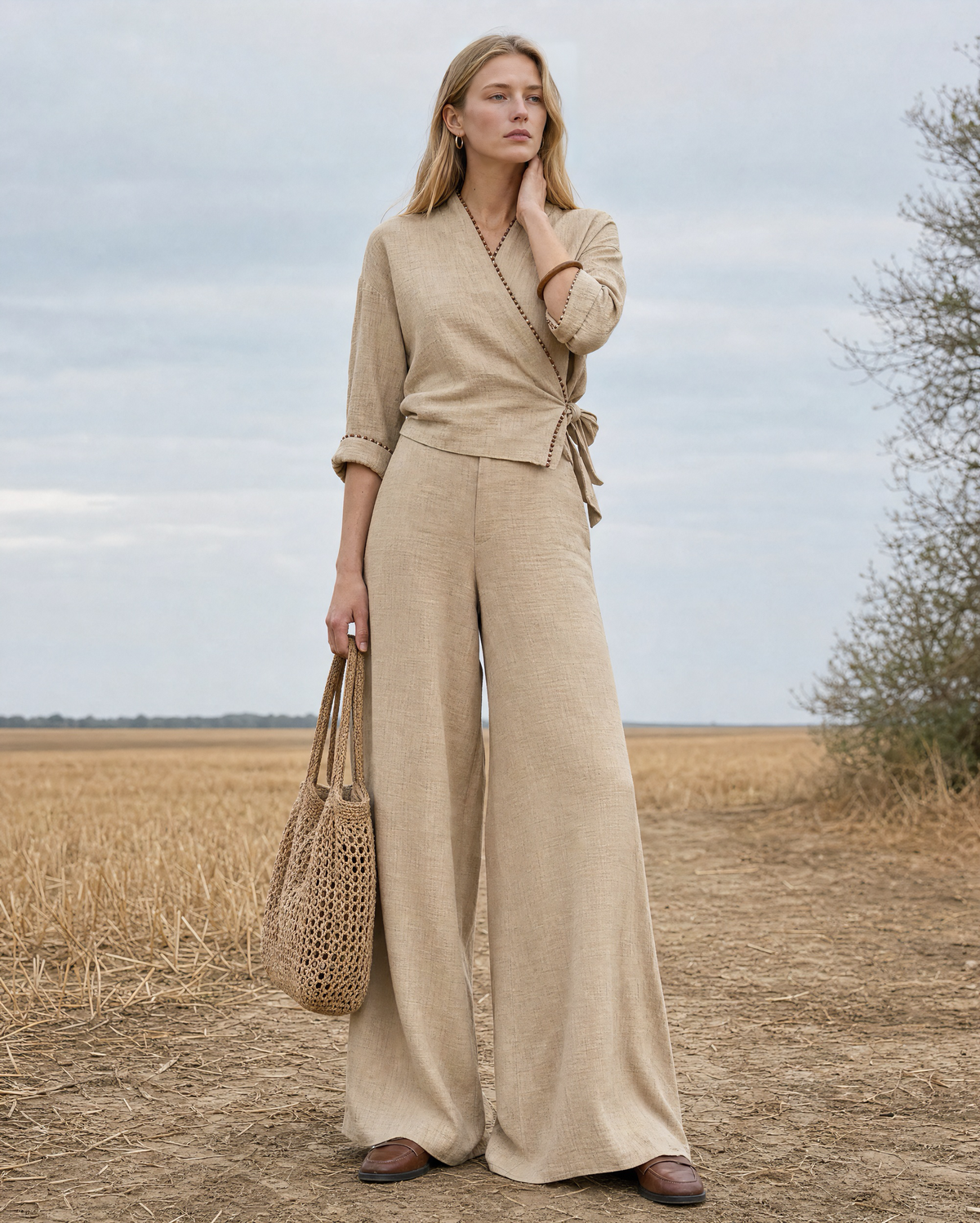 Bohemian Beige Linen-Blend Wrap V-Neck Three-Quarter Sleeve Top And Wide-Leg Pants Set MVA001200AA