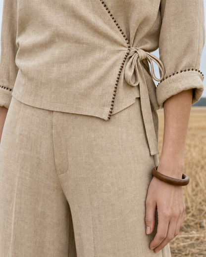 Bohemian Beige Linen-Blend Wrap V-Neck Three-Quarter Sleeve Top And Wide-Leg Pants Set MVA001200AA