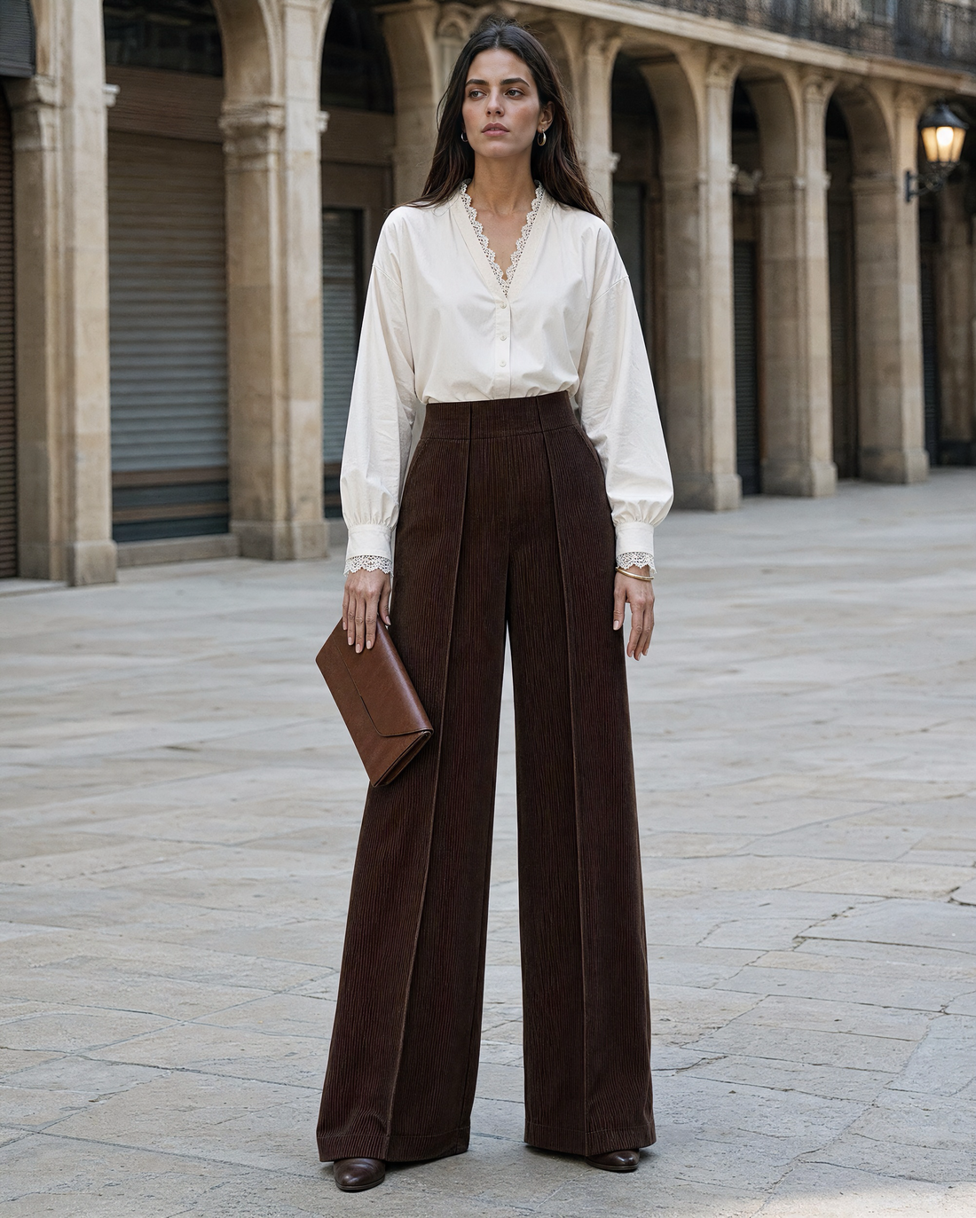 Bohemian Vintage Cream Lace-trim V-neck Long-sleeve Blouse Paired With Brown Corduroy Wide-leg Pants MVA001210AA