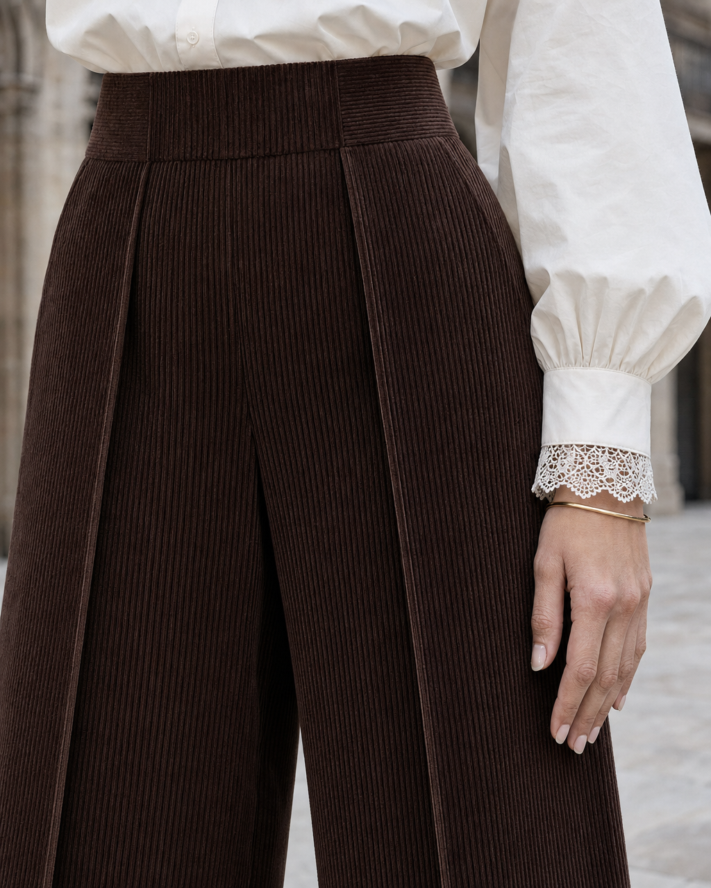 Bohemian Vintage Cream Lace-trim V-neck Long-sleeve Blouse Paired With Brown Corduroy Wide-leg Pants MVA001210AA
