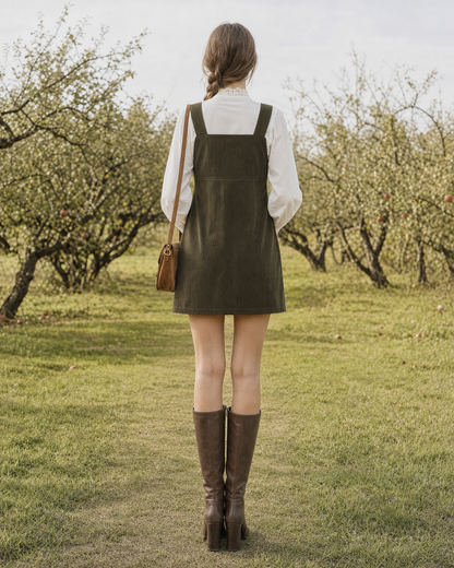 Bohemian Retro Olive Corduroy Square-neck Sleeveless Pinafore Mini Dress Paired With Ivory Lace-trim Blouse MVA001240AA