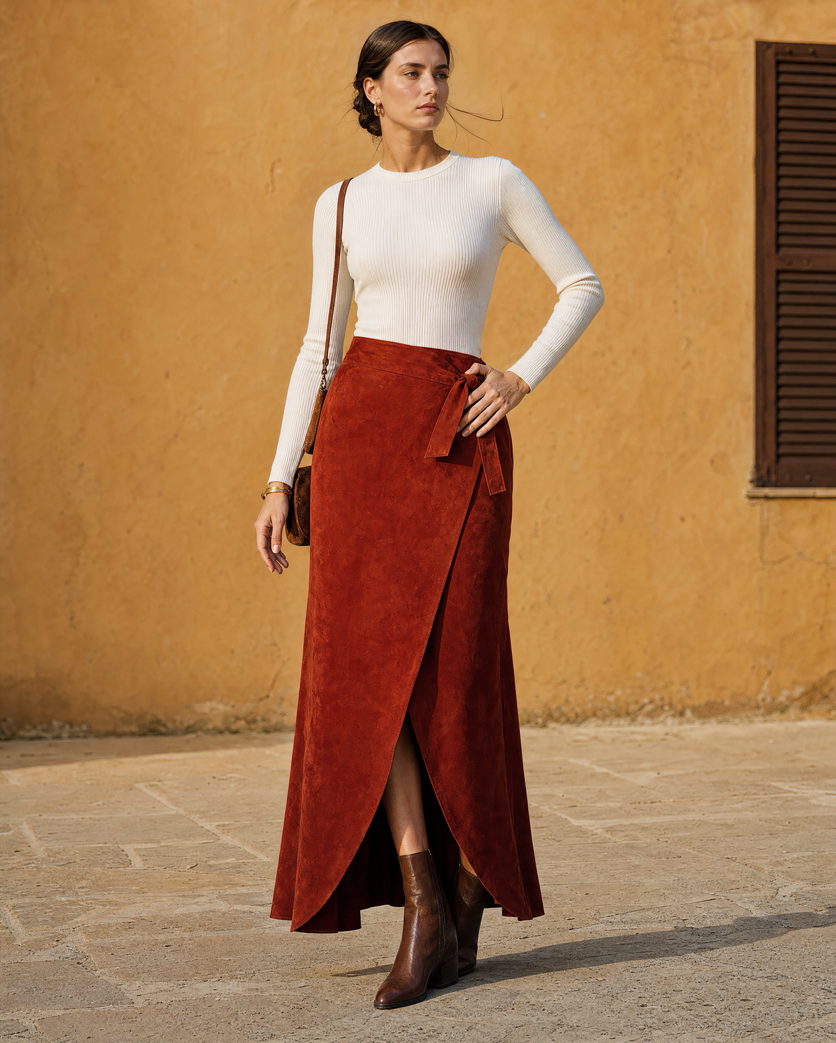 Bohemian Retro Rust Corduroy High-waist Flared Midi Skirt MVA001250AA