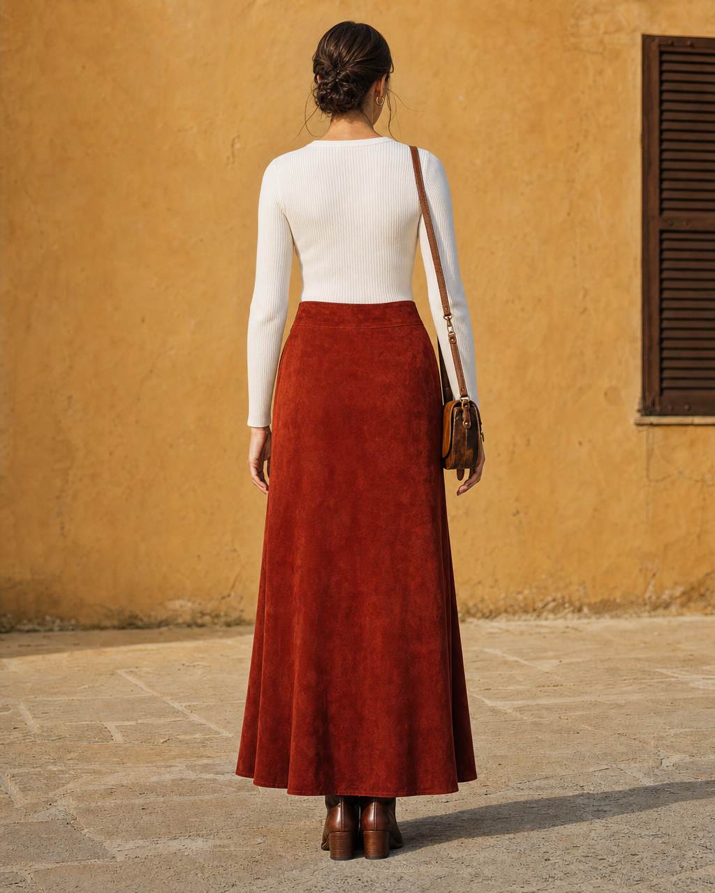 Bohemian Retro Rust Corduroy High-waist Flared Midi Skirt MVA001250AA