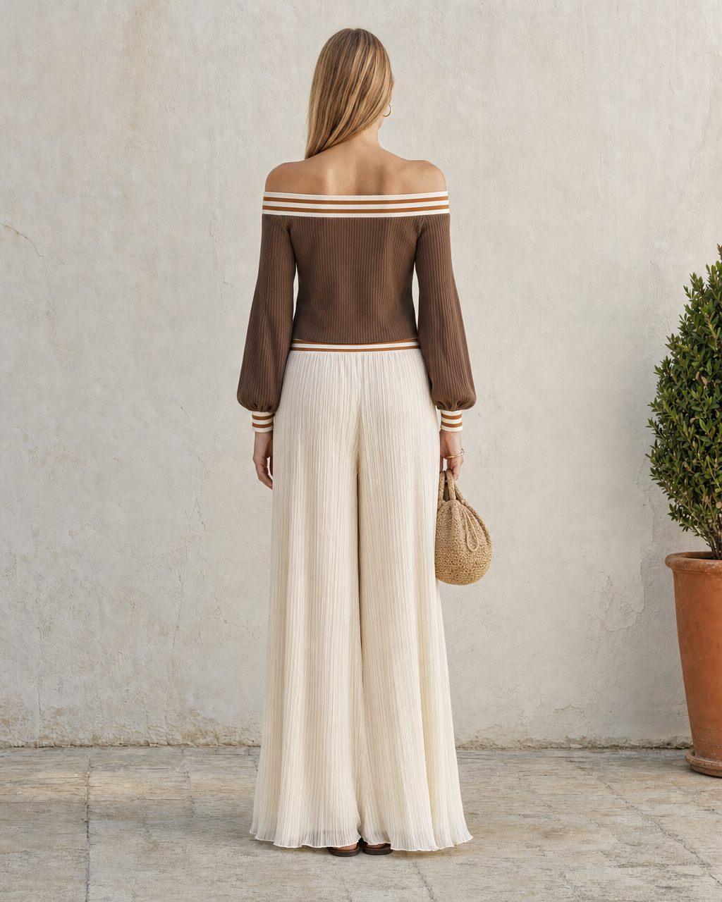 Bohemian Retro Brown Ribbed Knit Off-shoulder Long-sleeve Striped-trim Cropped Top Paired With Cream Plisse Wide-leg Pants MVA001260AA