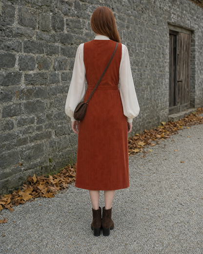 Cream Stand Collar Lantern-sleeve Blouse and Rust Corduroy Pinafore Midi Dress Set MVA001270AA