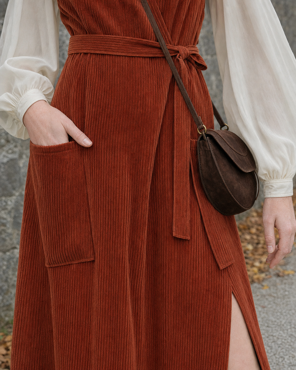 Cream Stand Collar Lantern-sleeve Blouse and Rust Corduroy Pinafore Midi Dress Set MVA001270AA