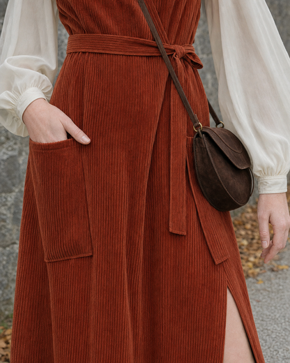 Cream Stand Collar Lantern-sleeve Blouse and Rust Corduroy Pinafore Midi Dress Set MVA001270AA