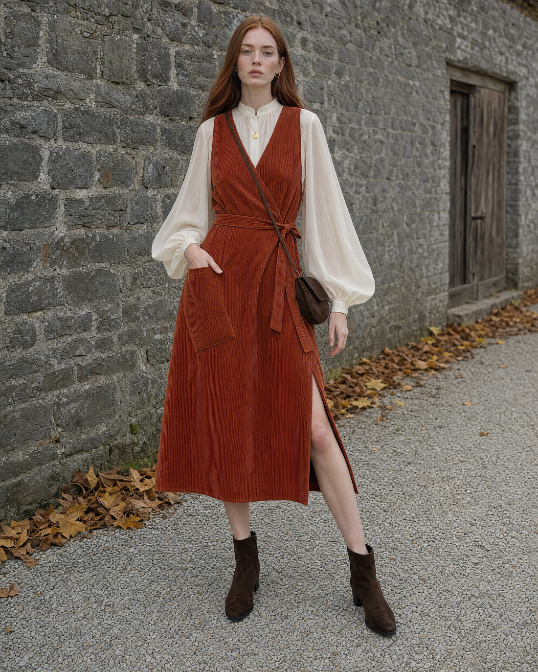 Cream Stand Collar Lantern-sleeve Blouse and Rust Corduroy Pinafore Midi Dress Set MVA001270AA