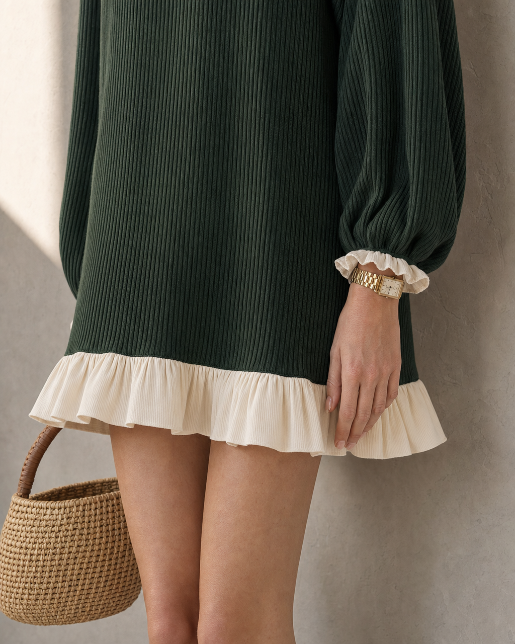 Casual Dark Green Knit Contrast-Collar Long-sleeve Ruffle-Hem Mini Dress MVA001280AA